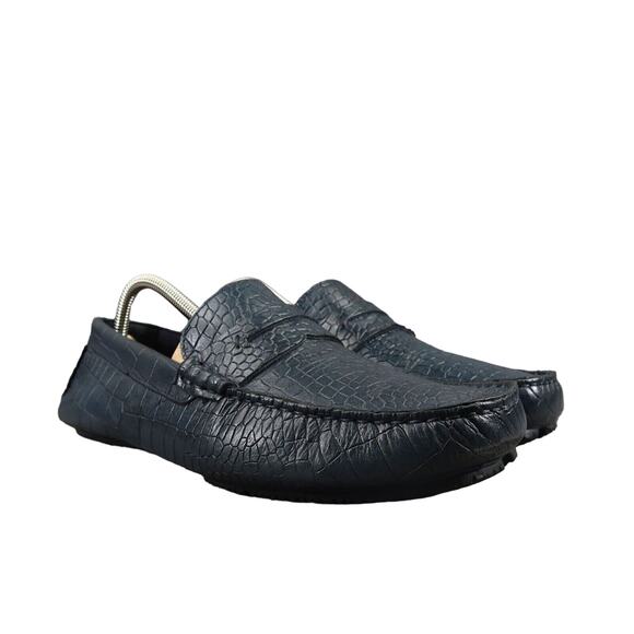 Donald Pliner Shoes Mens 8.5 Penny Loafer Moc Toe Croc Embossed Leather Slip On - Picture 1 of 14